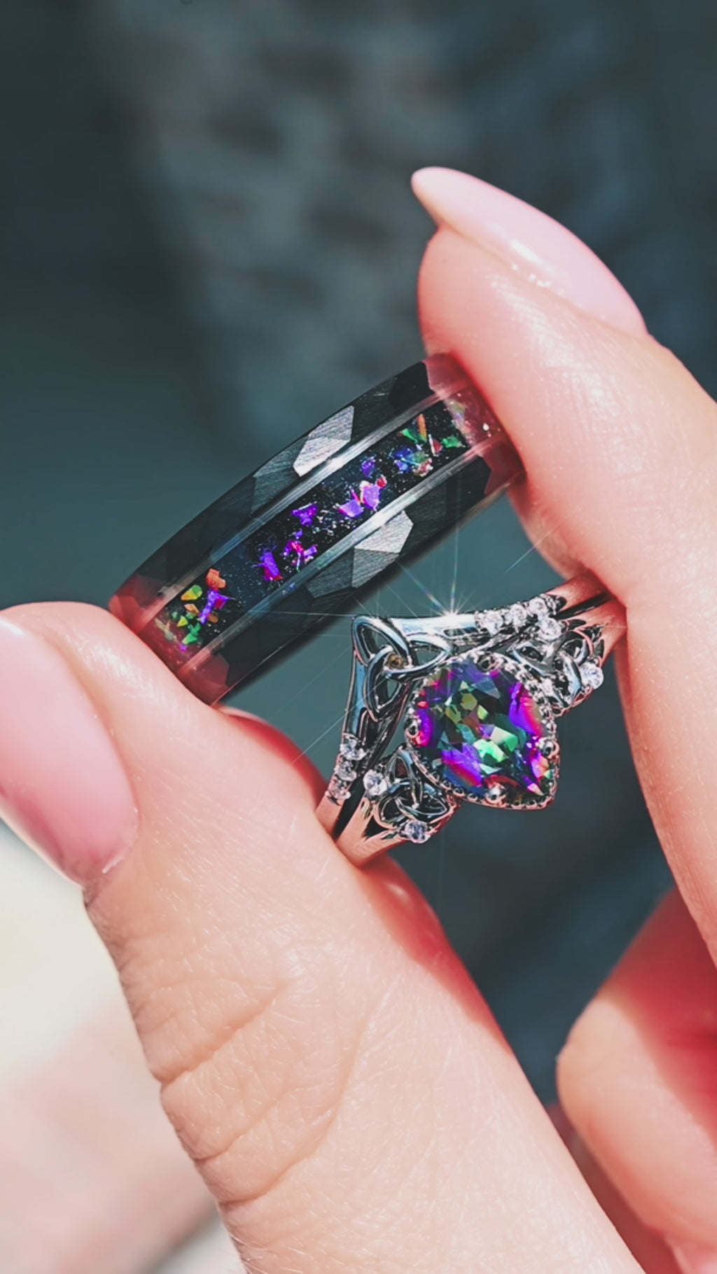 Video of the Mystic Topaz & Galaxy Fire Opal Celtic Couples Ring Set by Aquamarise, shown in motion