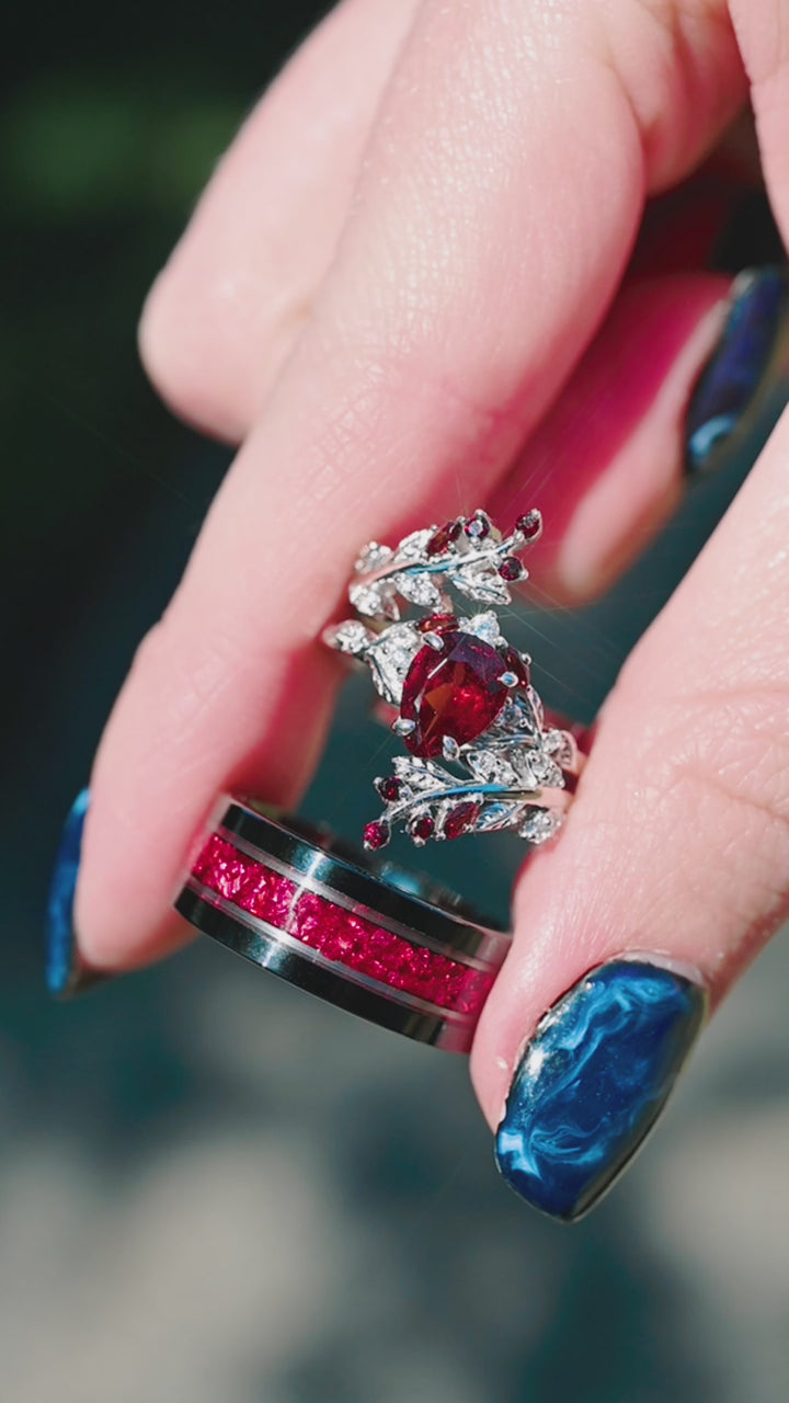 Wisteria Natural Red Garnet Leaf Couples Ring