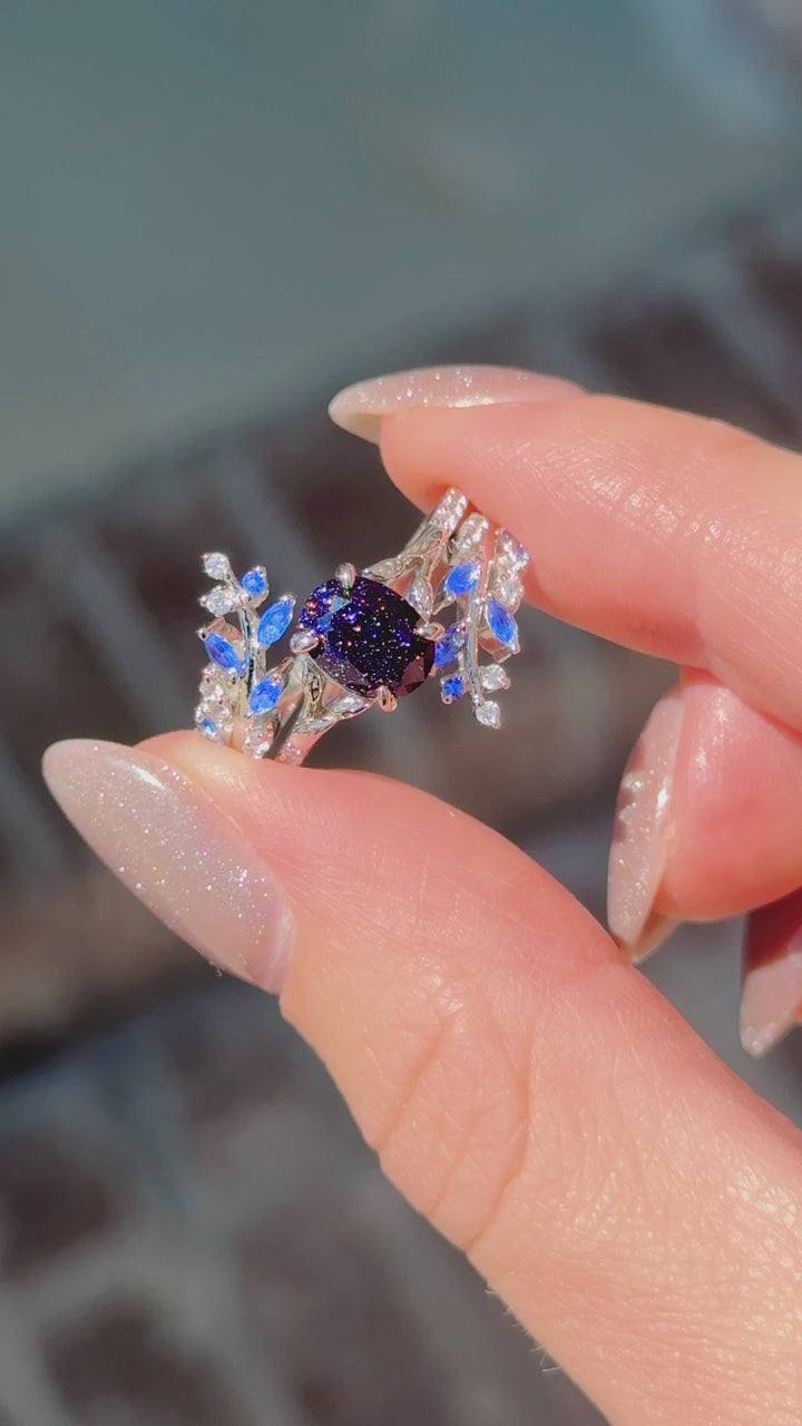 Starry Night & Sapphire Leaf Engagement Ring Set- Sterling Silver