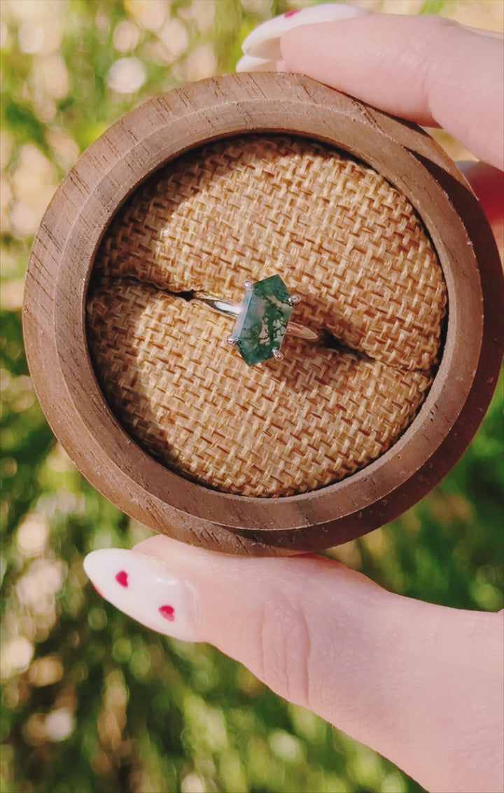 Hexagon Green Moss Agate Ring- Sterling Silver