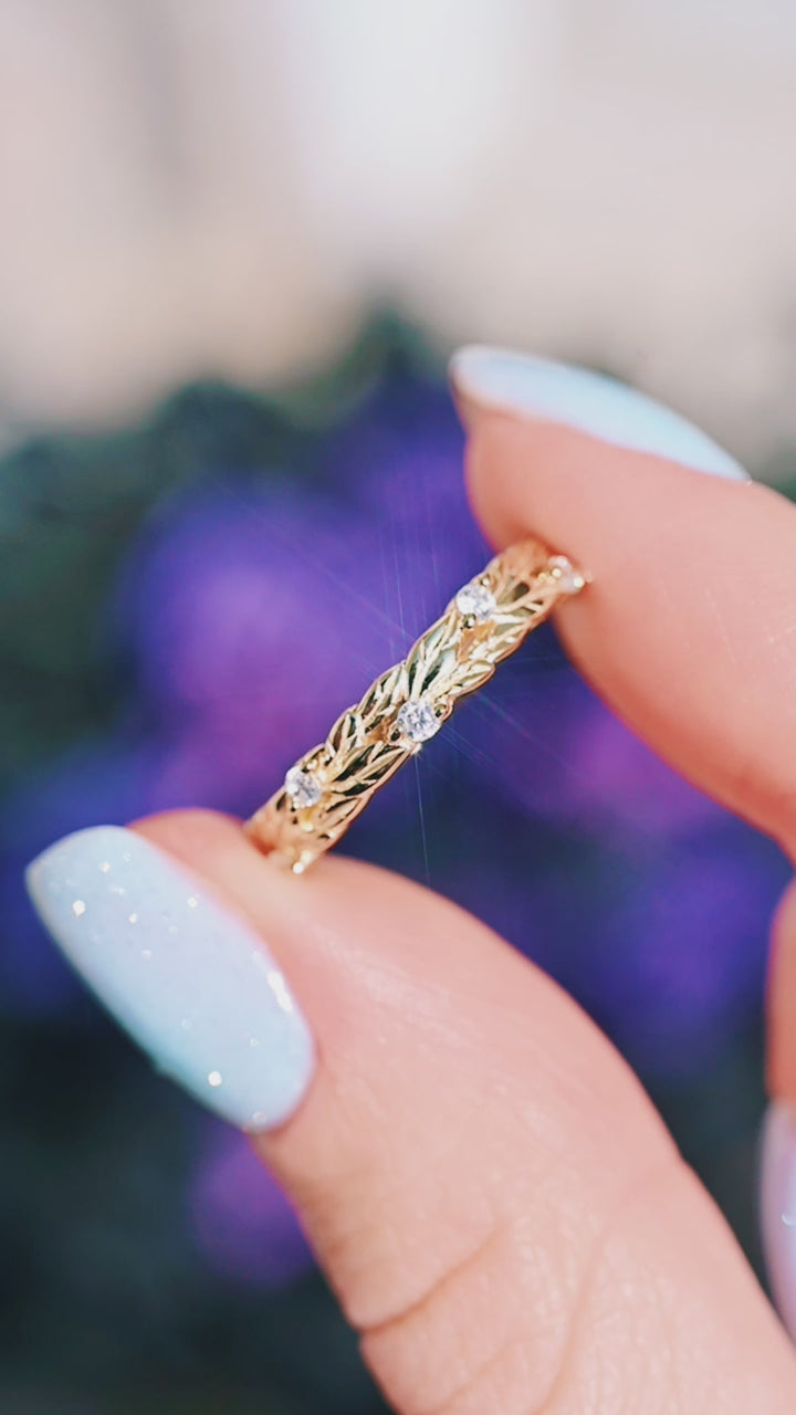 Leaf Wedding Band- 14K Yellow Gold Vermeil