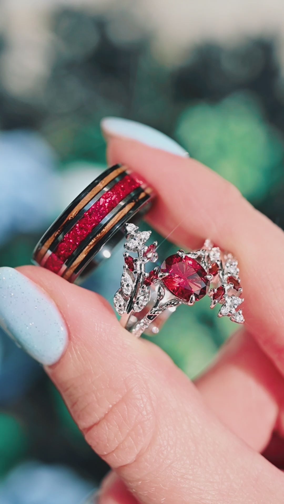 Star Cut Garnet & Whiskey Barrel Couples Ring Set