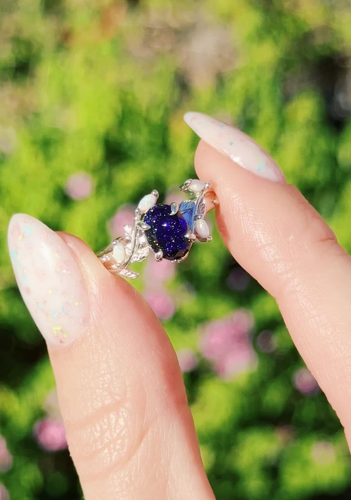 Starry Night & Australian Opal Leaf Ring- 14K White Gold