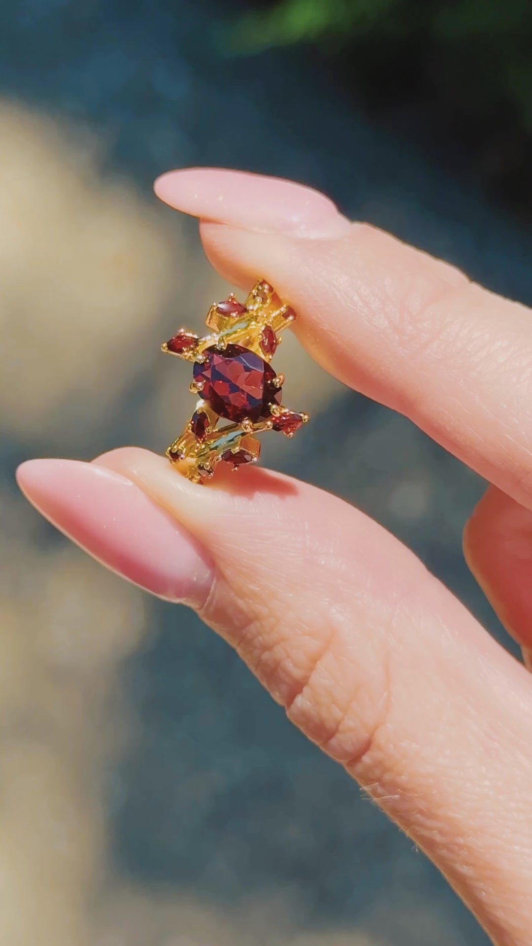 Natural Red Garnet Leaf Ring- 14K Solid Yellow Gold