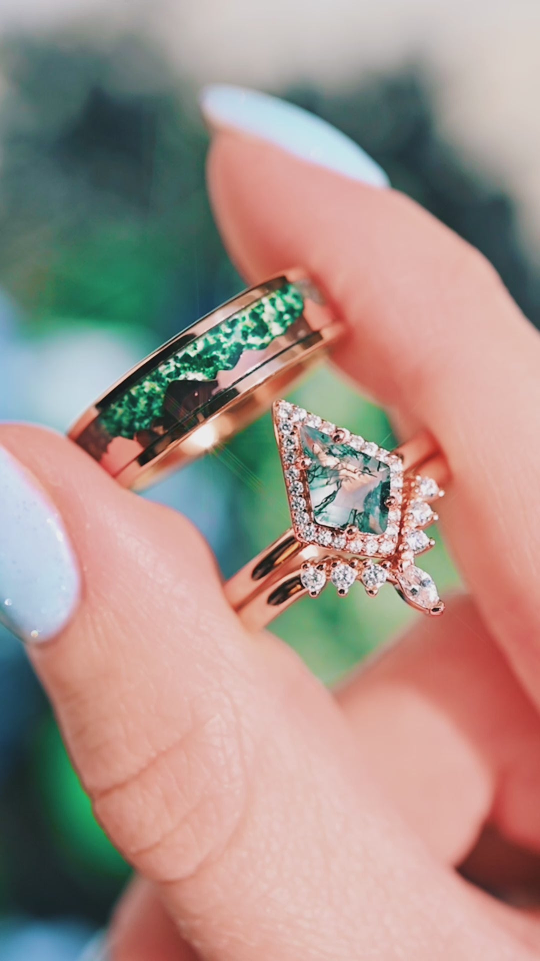 Kite Cut Green Moss Agate Engagement Ring Set- 14K Solid Rose Gold