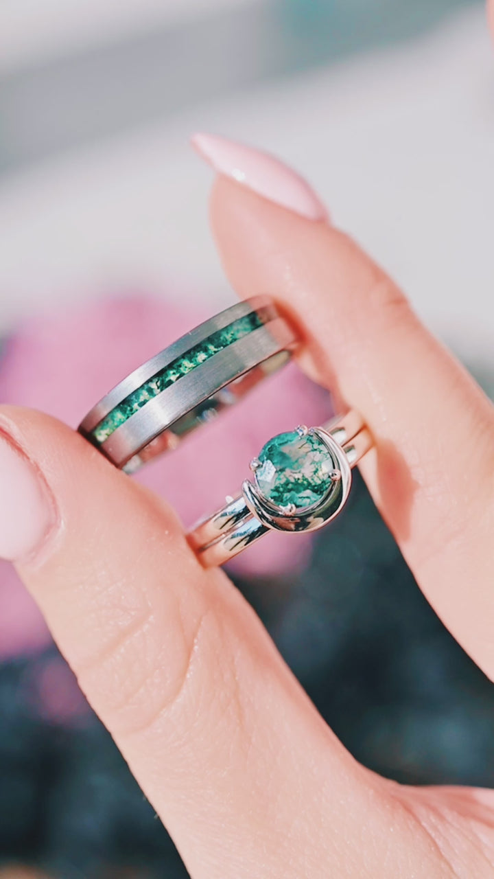 Green Moss Agate & Crescent Moon Couples Ring