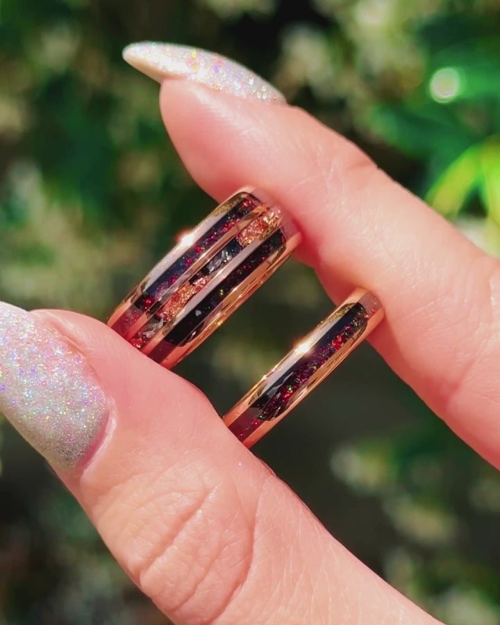 Black Fire Opal & Meteorite Couples Ring Set