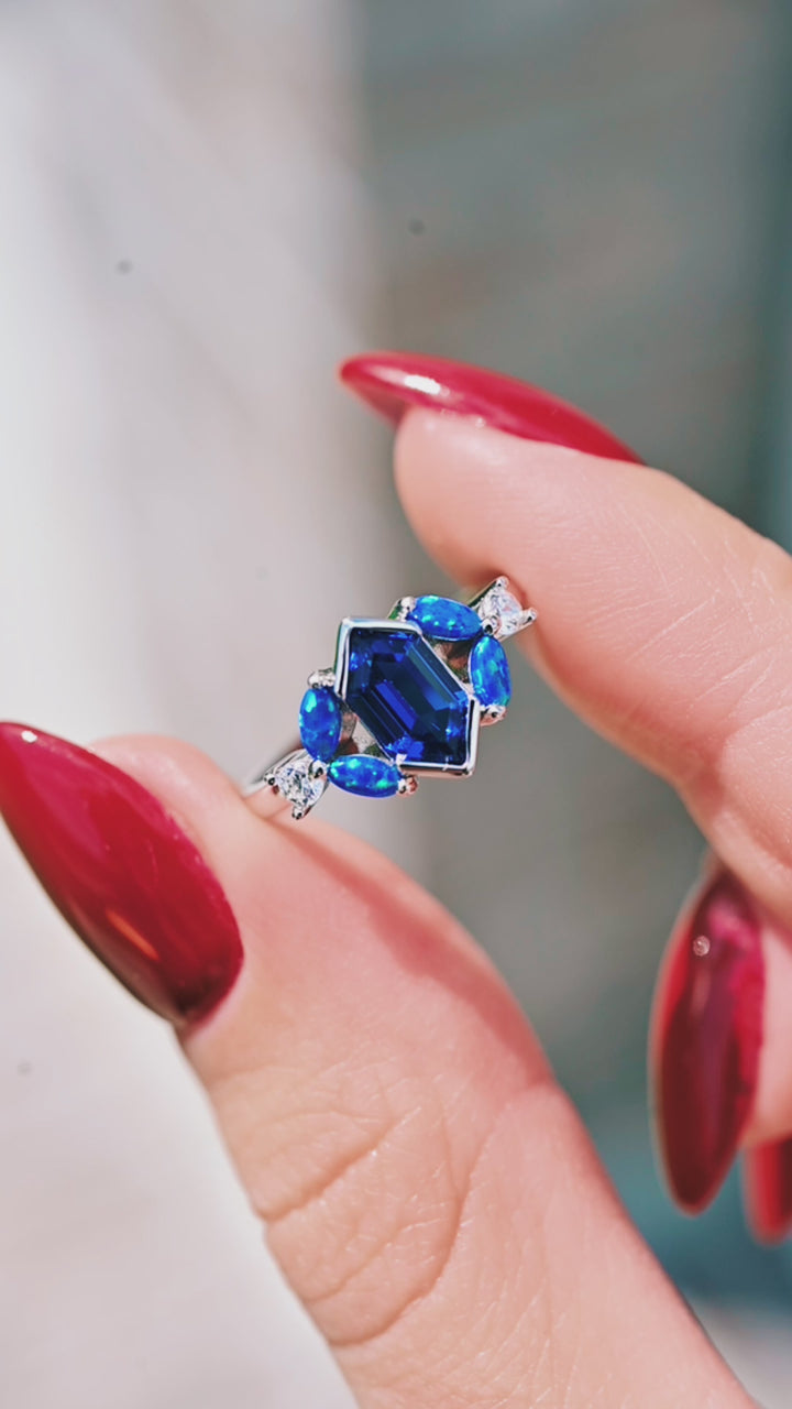 Blue Fire Opal & Sapphire Engagement Ring- Sterling Silver