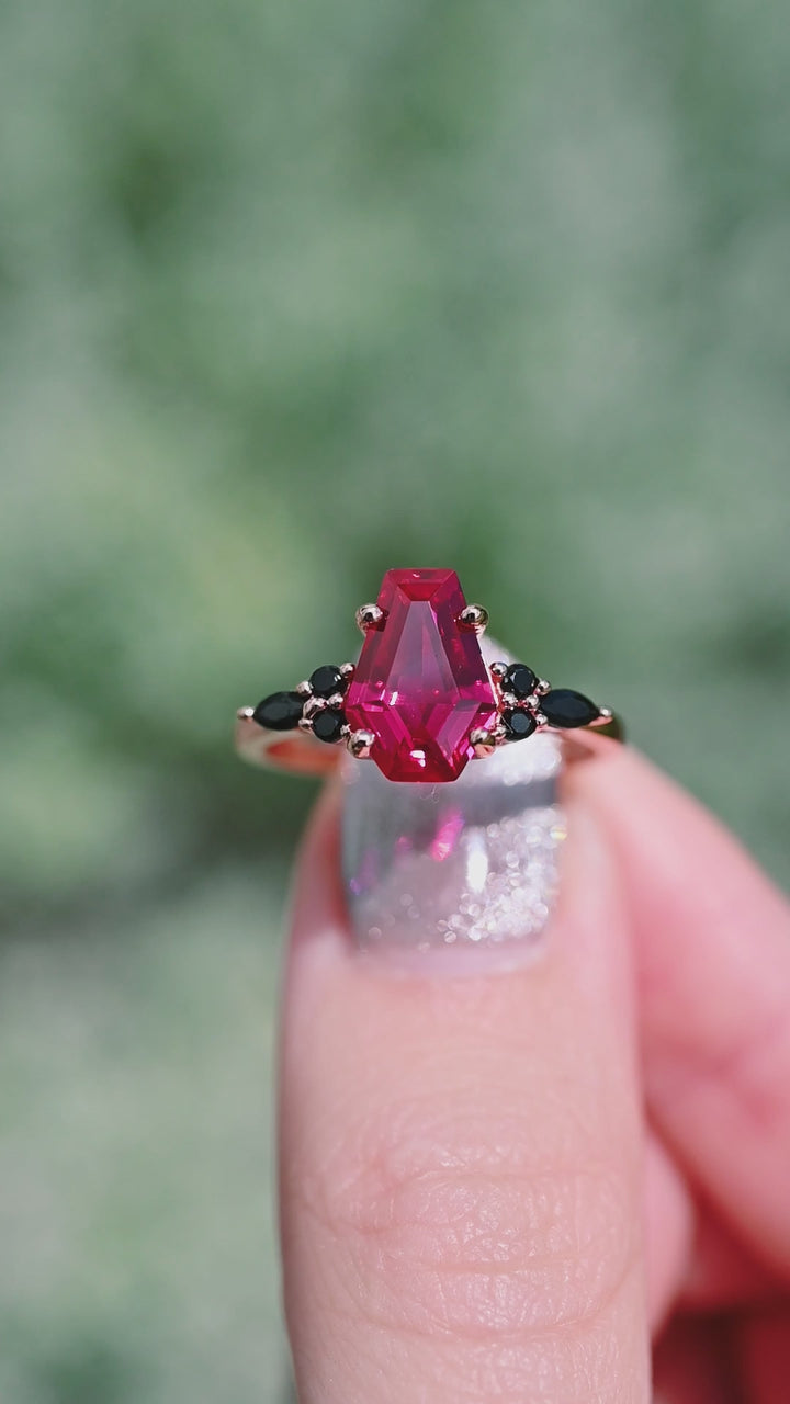 Coffin Cut Ruby & Black Onyx Ring- 14K Rose Gold Vermeil