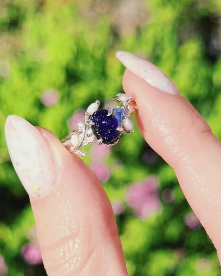 Starry Night & Australian Opal Leaf Ring- Sterling Silver