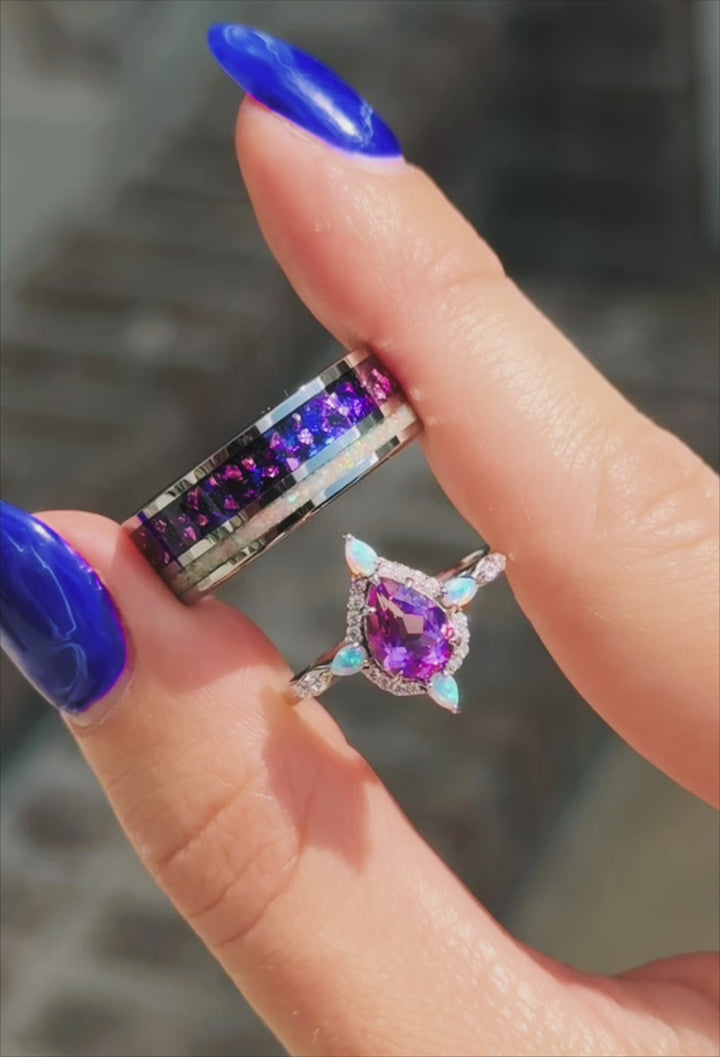 Natural Amethyst & Fire Opal Ring- Sterling Silver