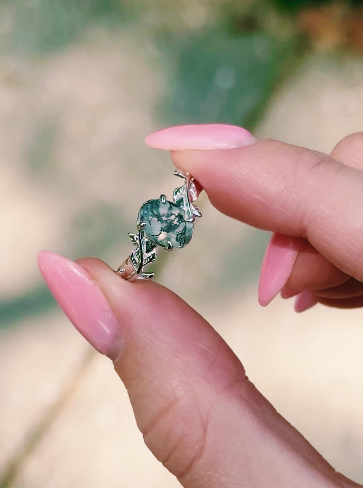 Natural Green Moss Agate Leaf Ring- Sterling Silver