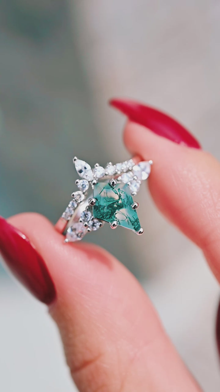 Skye Kite™  Green Moss Agate Engagement Ring Set- 14K White Gold