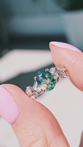 Moss Agate Nature Inspired Leaf Engagement Ring in 14K White Gold