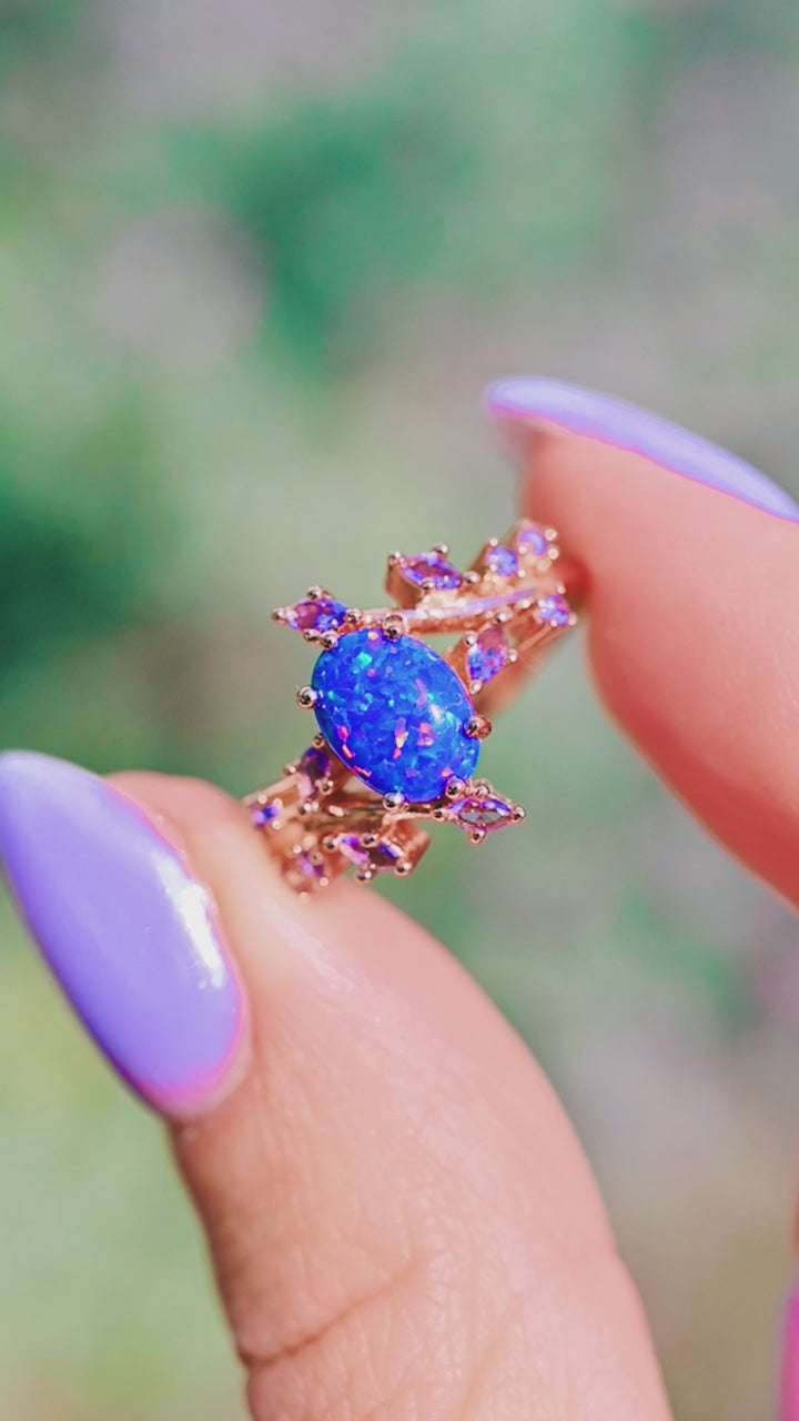 Starry Night Van Gogh Blue Fire Opal & Cornflower Sapphire Ring- 14K Rose Gold Vermeil