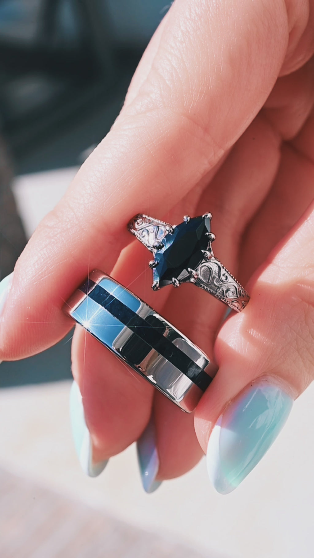 Video of the Victorian Gothic Scrollwork Black Onyx couples ring set in black ruthenium by Aquamarise