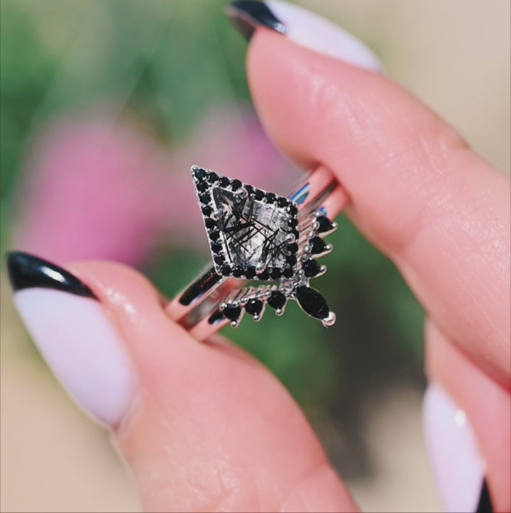 Kite Cut Rutilated Quartz & Black Onyx Ring Set- Sterling Silver