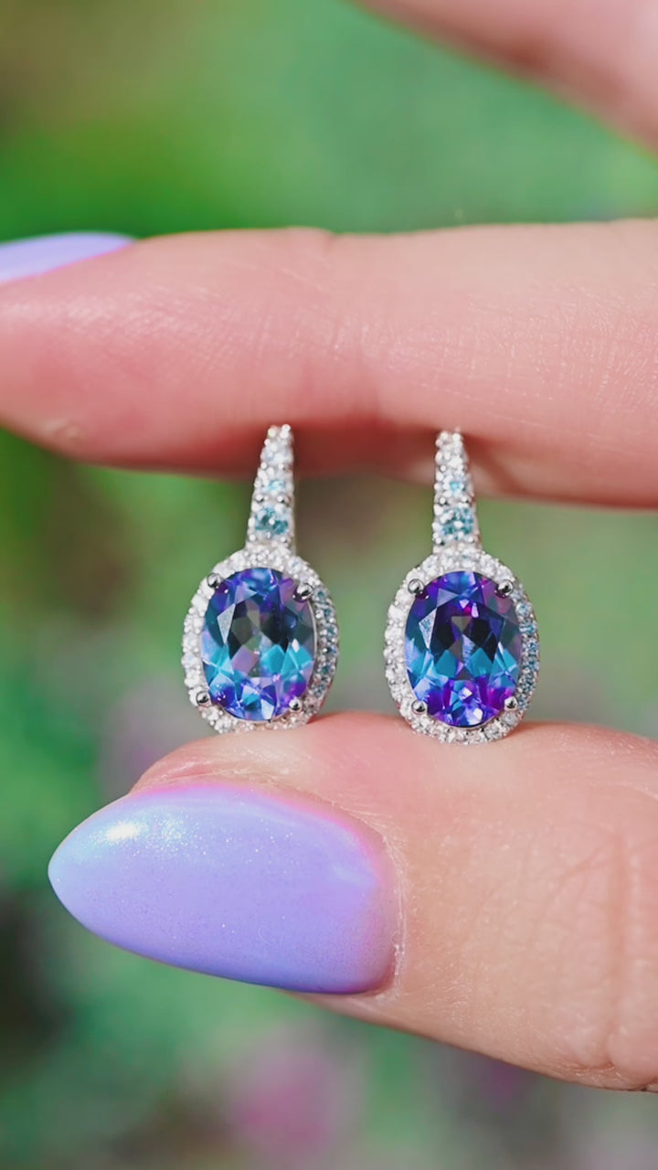 Oval Halo Alexandrite Earrings- Sterling Silver