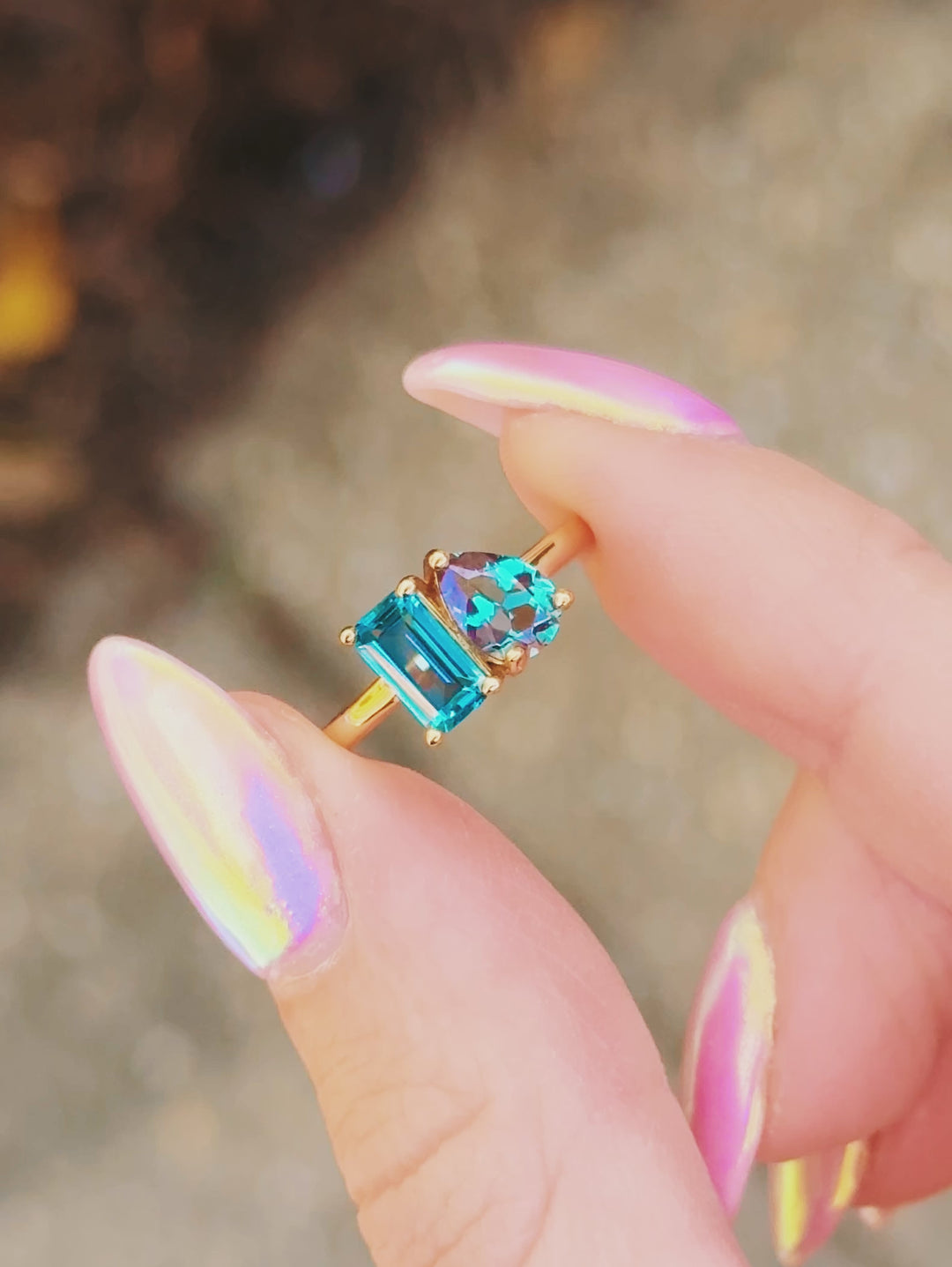 'Toi Et Moi' Alexandrite & London Blue Topaz Ring- 14K Solid Yellow Gold