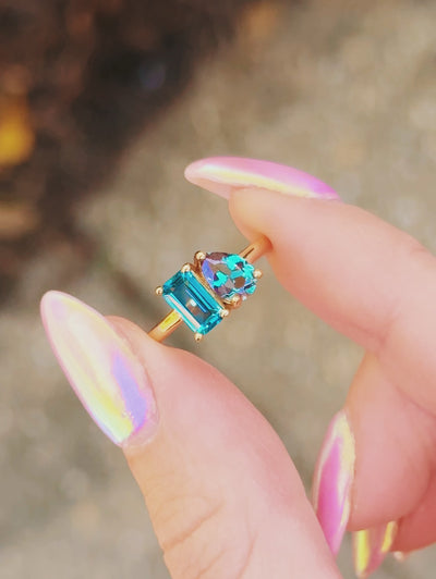 Alexandrite London Blue Topaz Ring- Moi Et Toi Modern Engagement Ring For Women 2 Birthstone Delicate Pear Emerald Cut Promise Ring For Her