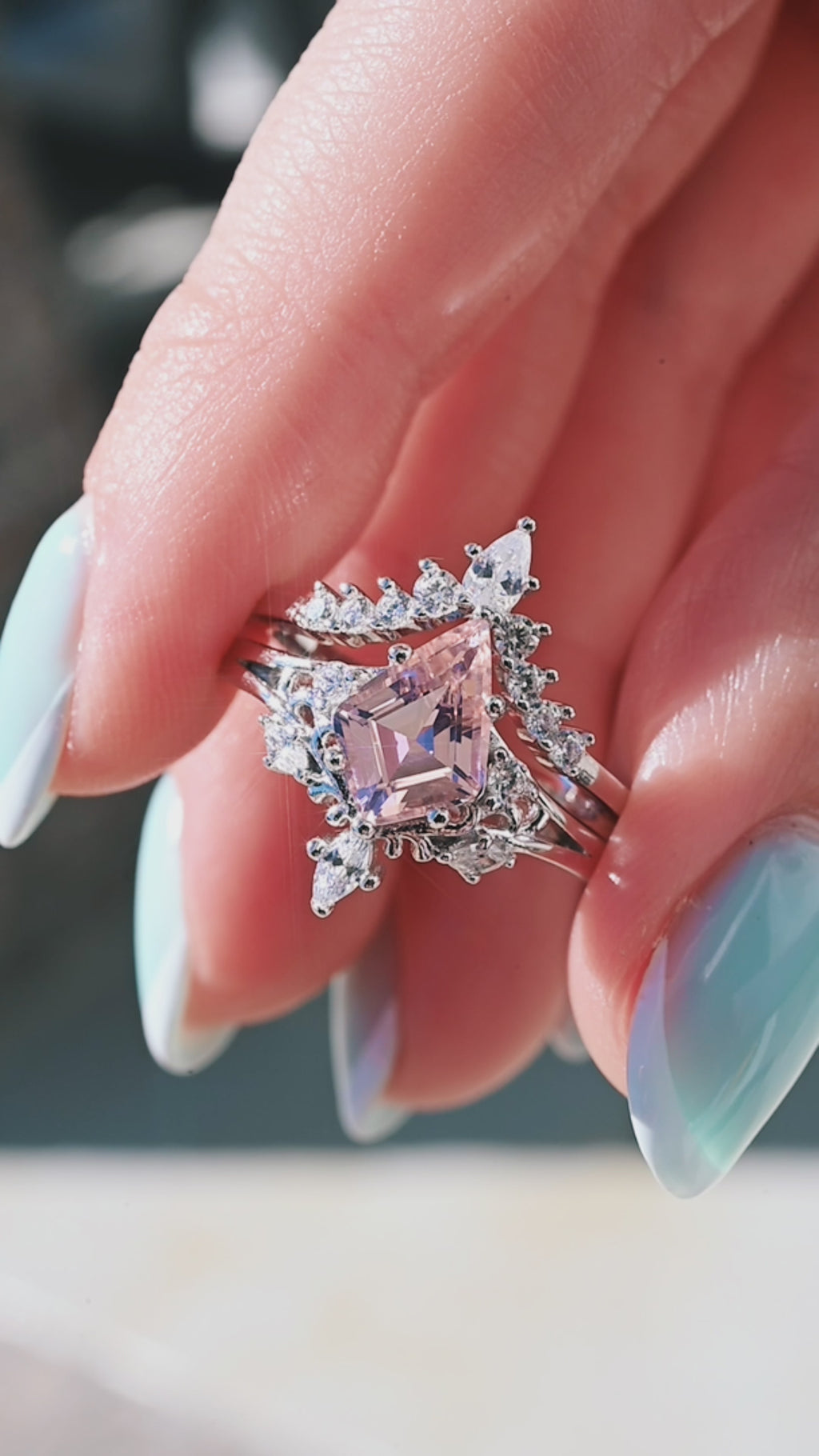 Elowen Kite Cut Natural Morganite Engagement Ring Set in 14K White Gold