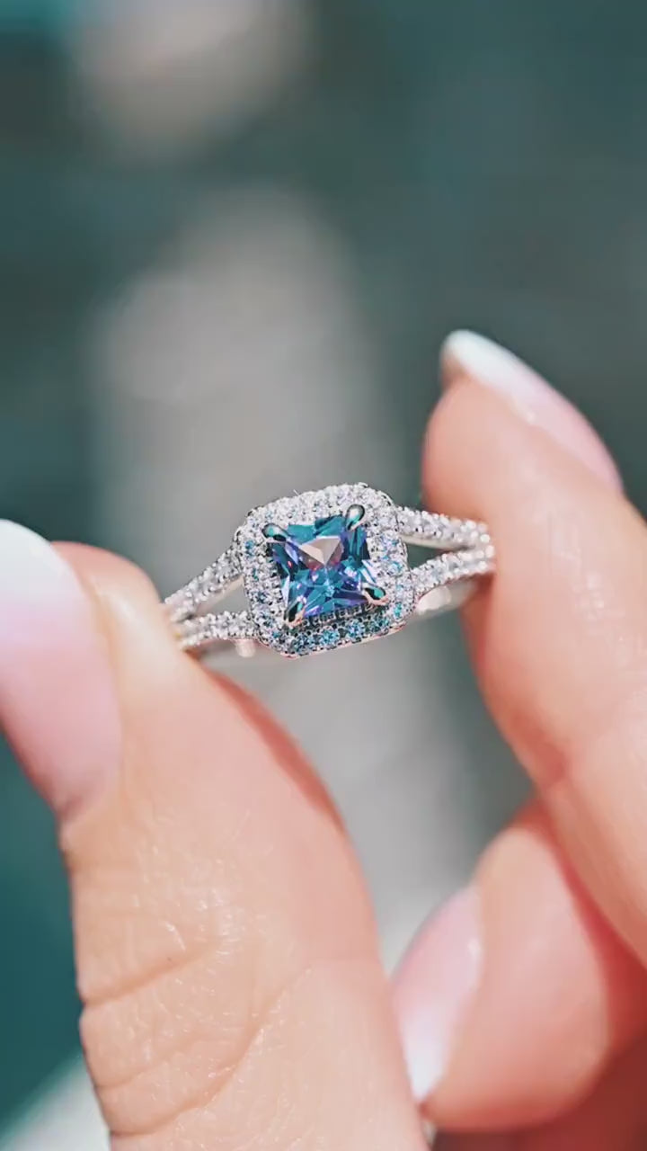 Video of the Split Shank Halo Alexandrite Engagement Ring in Sterling Silver by Aquamarise, shown in motion