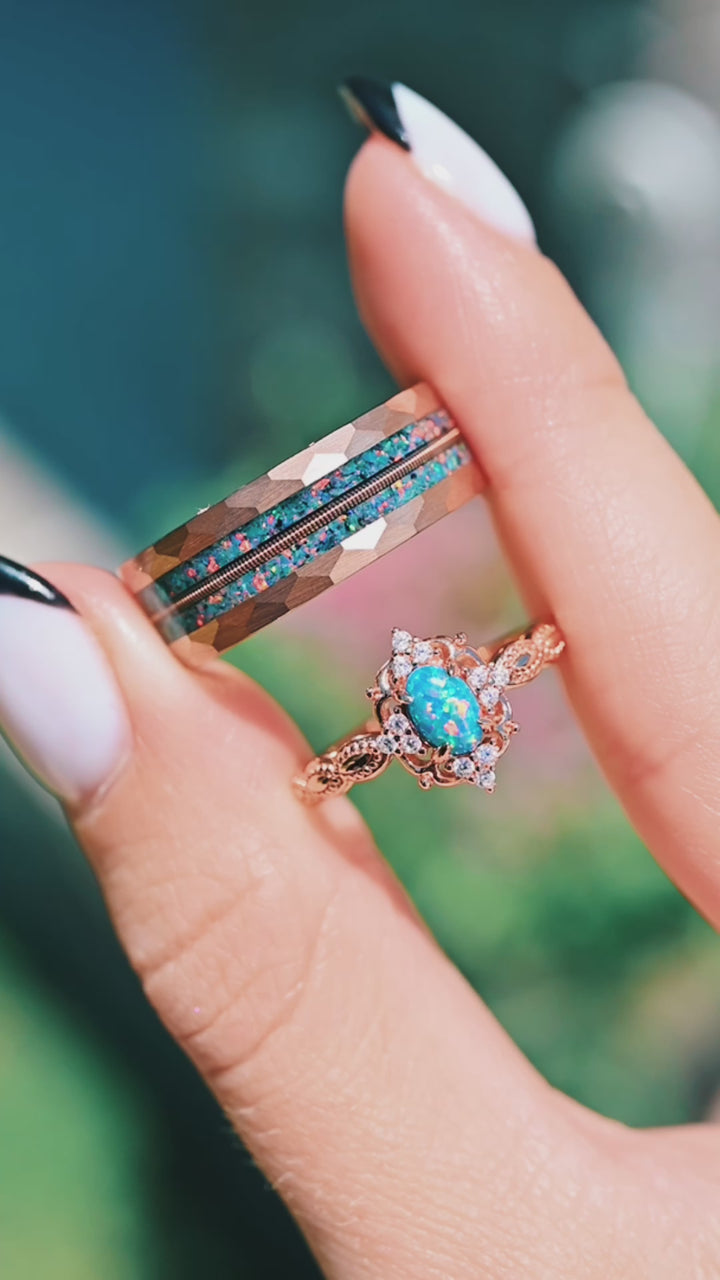 Blue Fire Opal & Guitar String Couples Ring