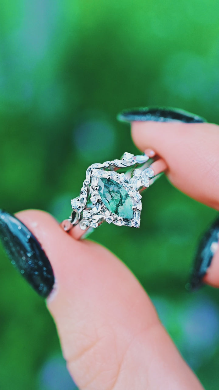 Fairy Green Moss Agate Engagement Leaf Ring Set- 14K White Gold