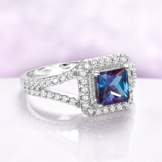 Split Shank Halo Alexandrite Engagement Ring in Sterling Silver
