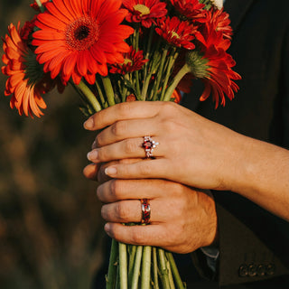 red garnet and fire opal couple ring
