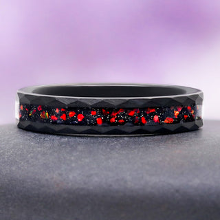 Galaxy Red Fire Opal Hammered Tungsten Couples Ring