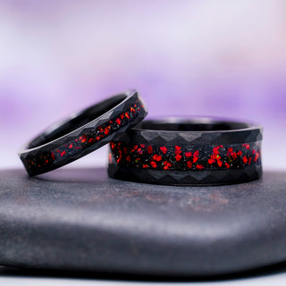 Galaxy Red Fire Opal Hammered Men's Ring in Black Tungsten Carbide (8mm) by Aquamarise featuring crushed red fire opal inlay on a hammered black tungsten band, part of Men’s Rings & Wedding Bands collection.