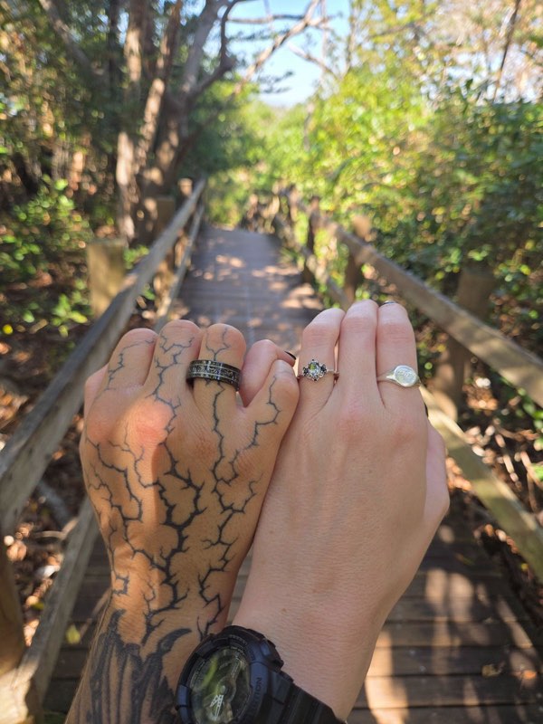 Customer photo of the Esme Gray Moissanite and Meteorite Couples Ring Set on two hands outdoors, Aquamarise review