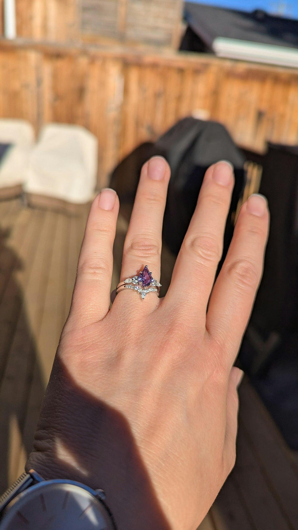 Skye Kite Alexandrite and Moonstone Ring Set in sterling silver worn by a verified Aquamarise customer in Canada, photo from her review