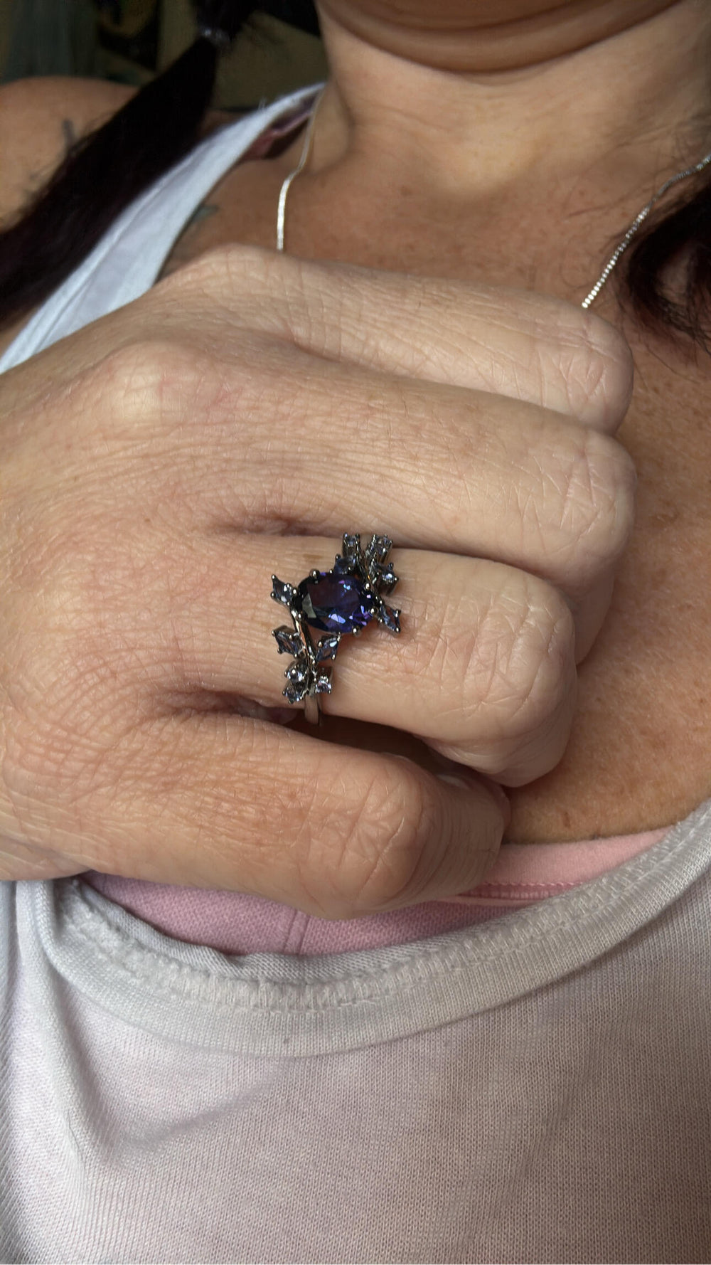Cornflower Sapphire and Orion Nebula Couples Ring Set worn by verified Aquamarise customers, photo from their review