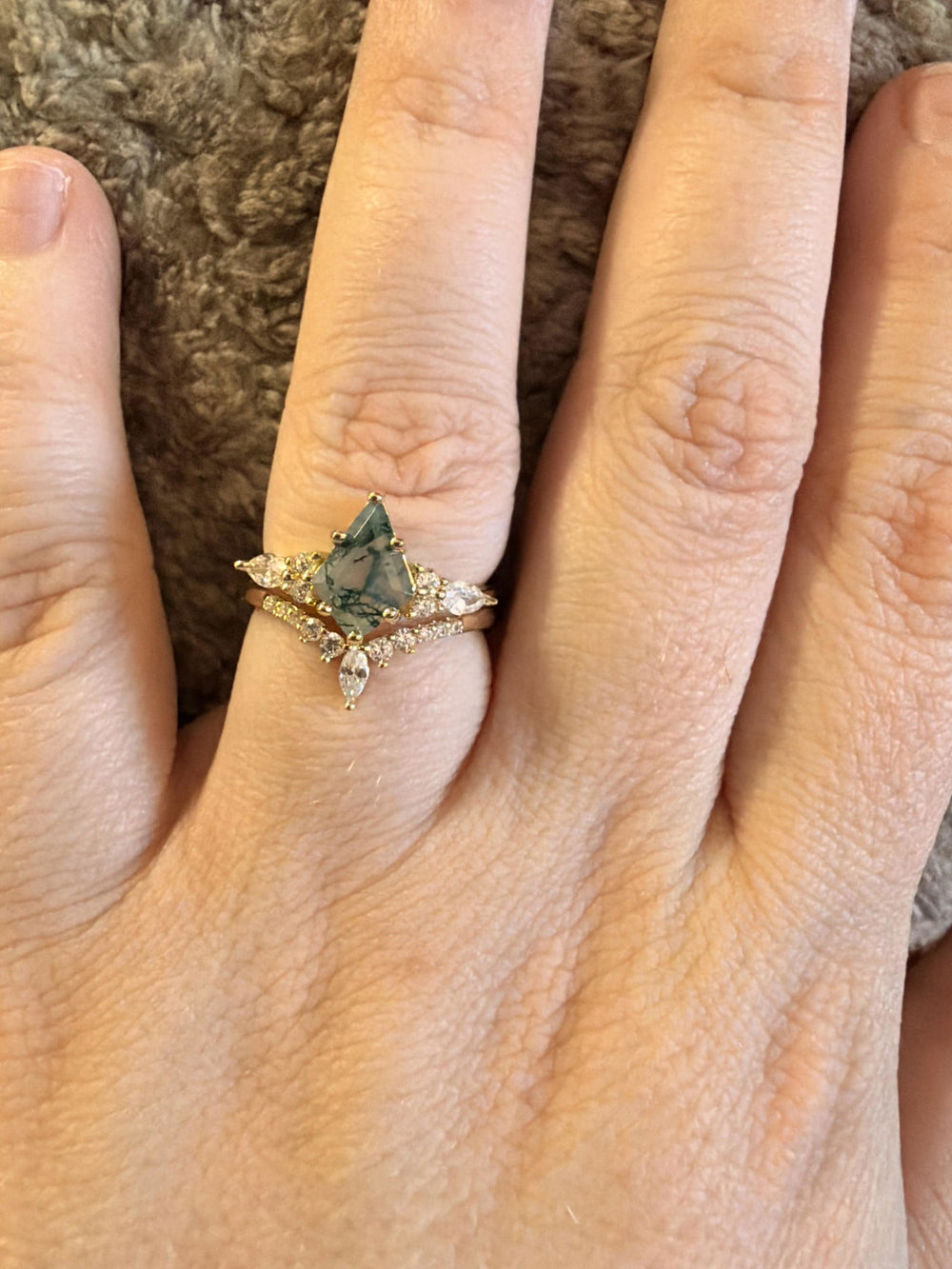 Skye Kite Green Moss Agate Ring Set in 14K yellow gold vermeil worn by a verified Aquamarise customer, photo from her review