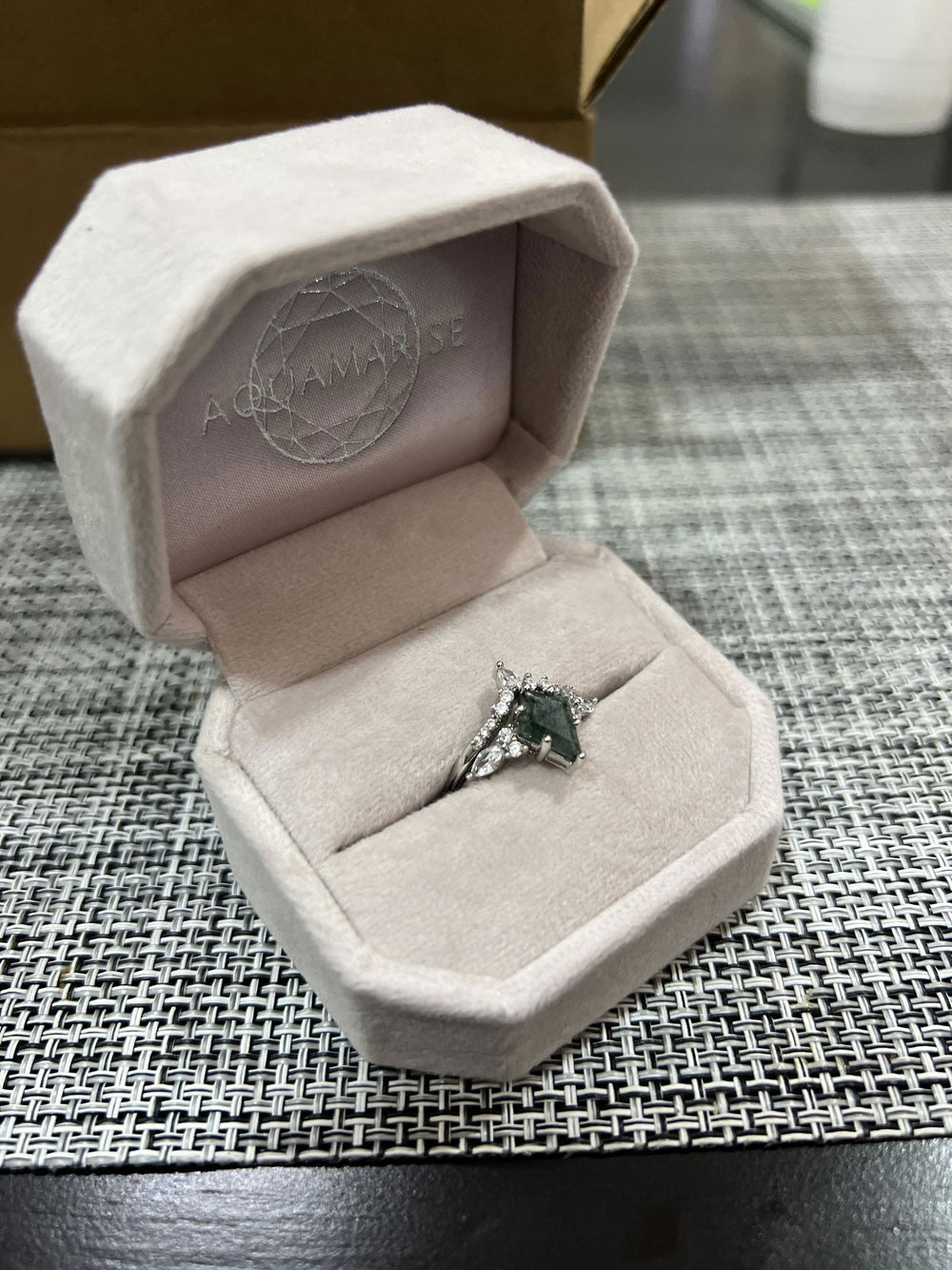 Skye Kite Green Moss Agate Ring in sterling silver worn by a verified Aquamarise customer, photo from his review