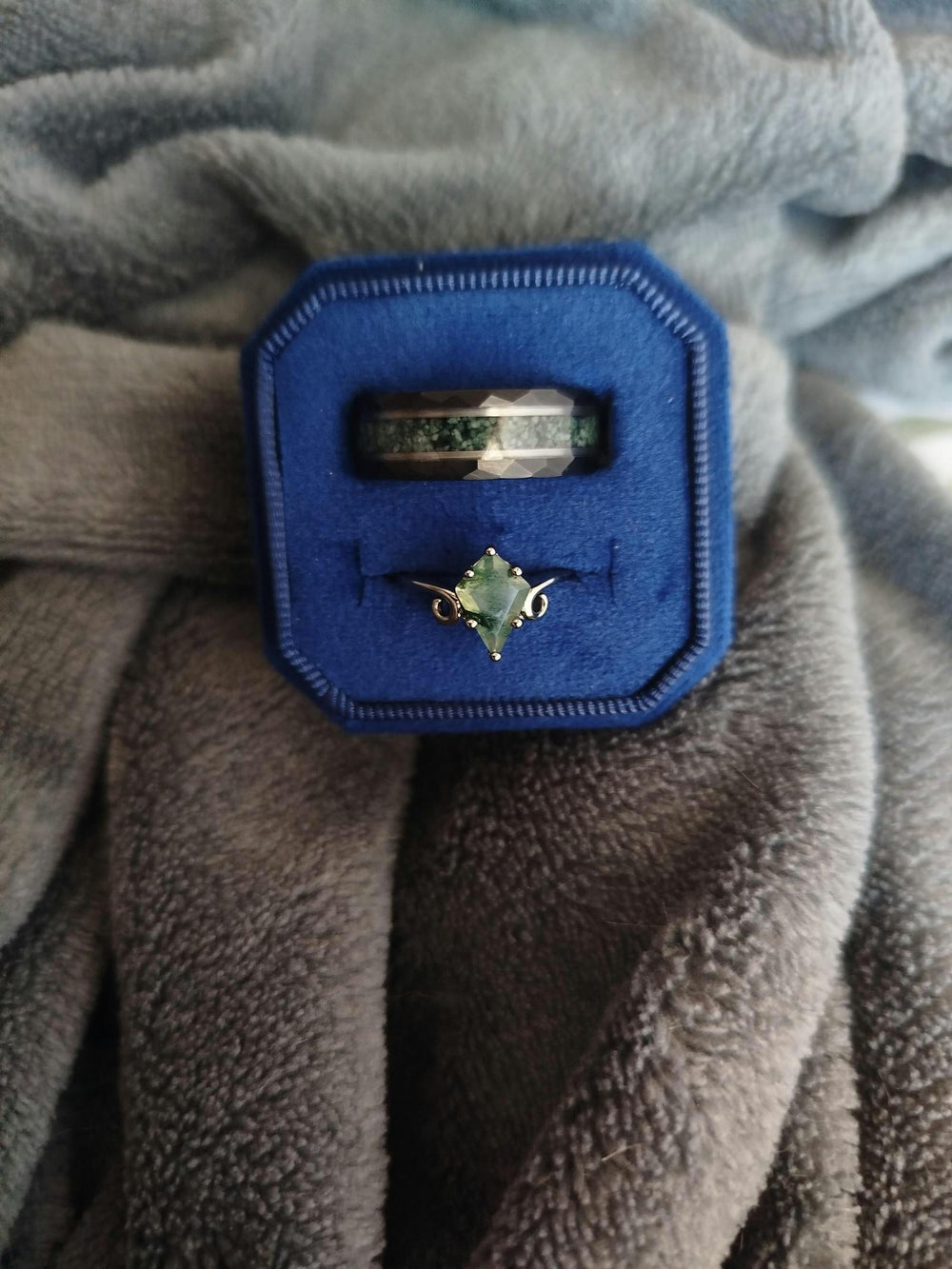 Green Moss Agate Twirl Couples Ring Set worn by a verified Aquamarise customer, photo from her review
