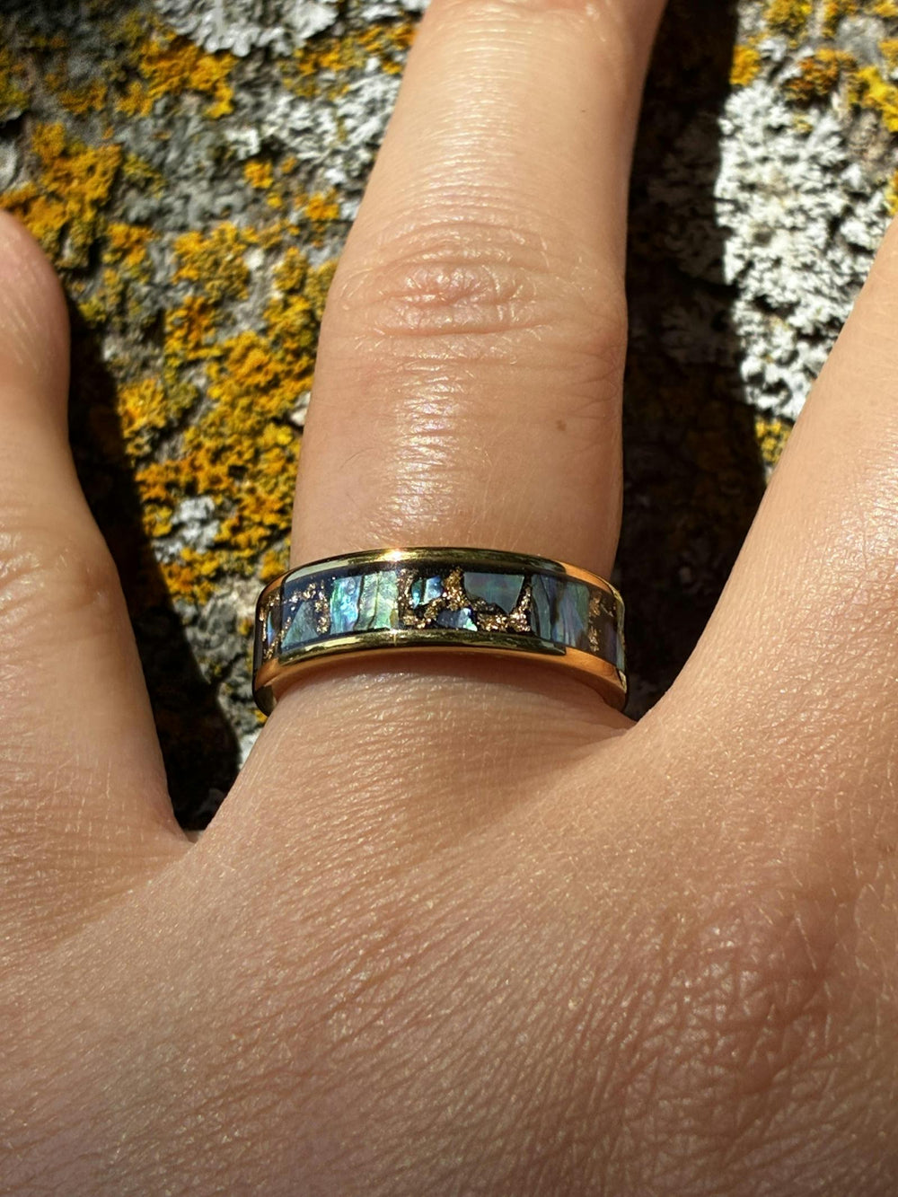 Natural Paula Shell Wedding Band in yellow gold tungsten worn by a verified Aquamarise customer, photo from his review