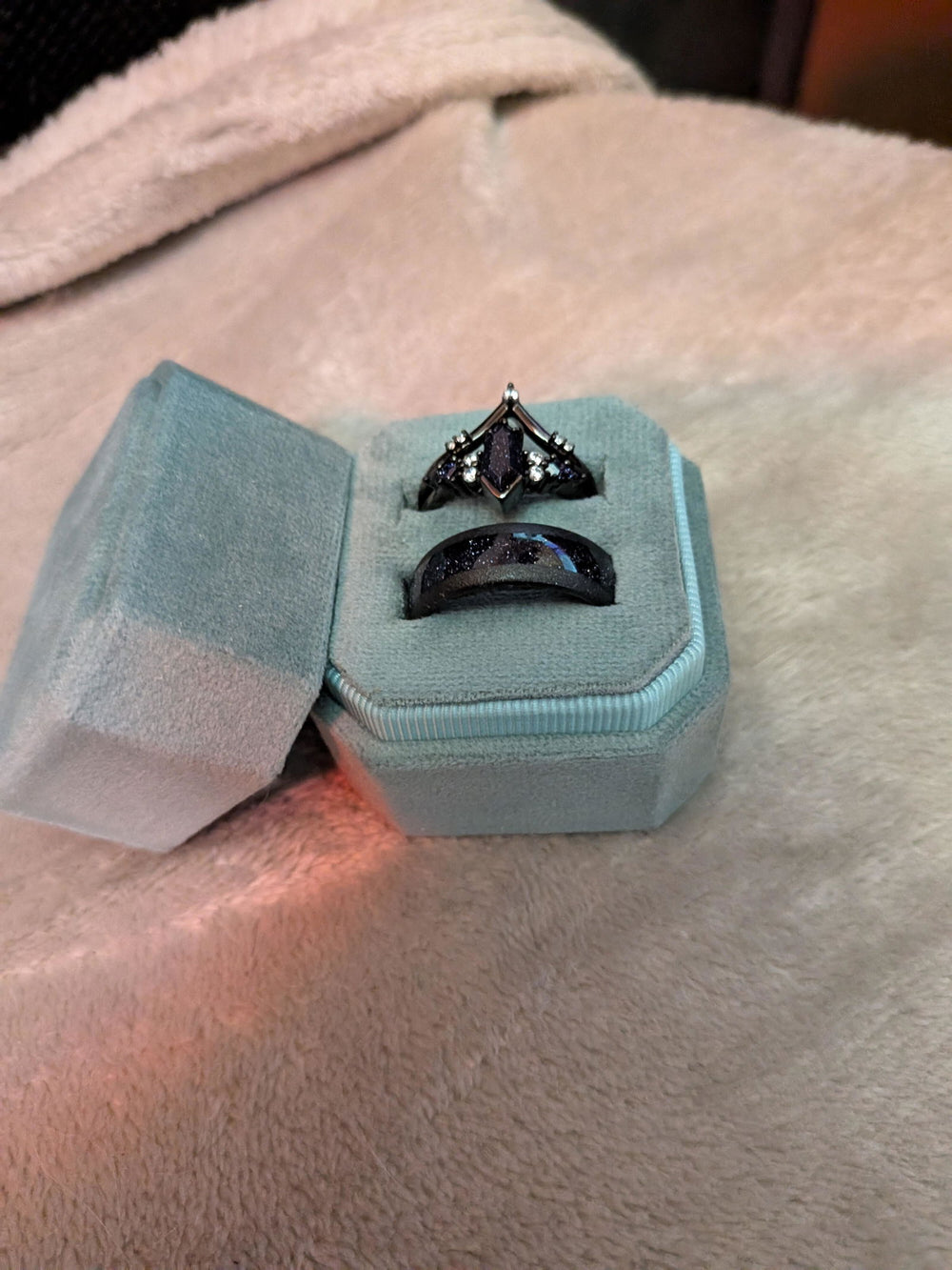 Starry Night Couples Ring Set worn by a verified Aquamarise customer and her husband, photo from their review