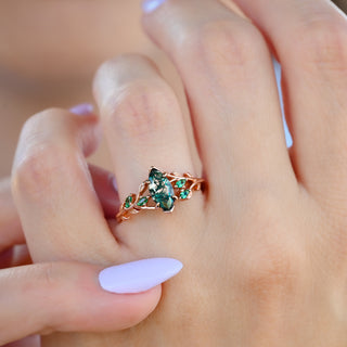 Rowan Marquise Moss Agate Leaf Engagement Ring in 14K Rose Gold Vermeil worn on the hand