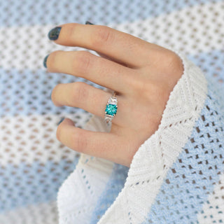Art Deco Teal Sapphire Engagement Ring in Sterling Silver