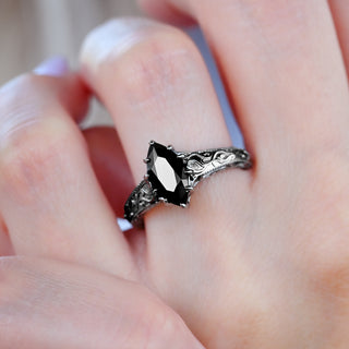 Victorian Gothic Scrollwork Black Onyx Ring in Black Ruthenium worn on the hand