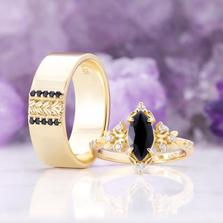 Viridian black onyx couples ring set in yellow gold vermeil, the 8mm leaf band standing beside the marquise black onyx engagement ring