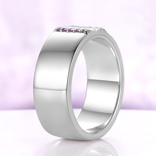 Profile of the 8mm flat-fit Viridian amethyst band in rhodium-finished sterling silver, mirror polish and flat inner wall