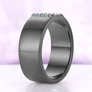 Profile of the 8mm flat-fit Viridian aquamarine band in black ruthenium, polished dark mirror finish and flat inner wall