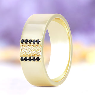 Viridian leaf men's wedding band in yellow gold vermeil, 8mm, standing view showing the engraved leaf pattern between two rows of black onyx