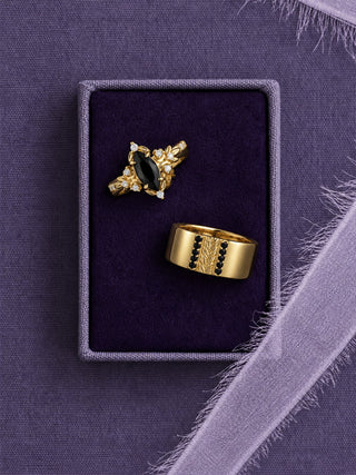 Viridian marquise black onyx couples ring set in yellow gold vermeil in a purple jewelry box, Aquamarise banner