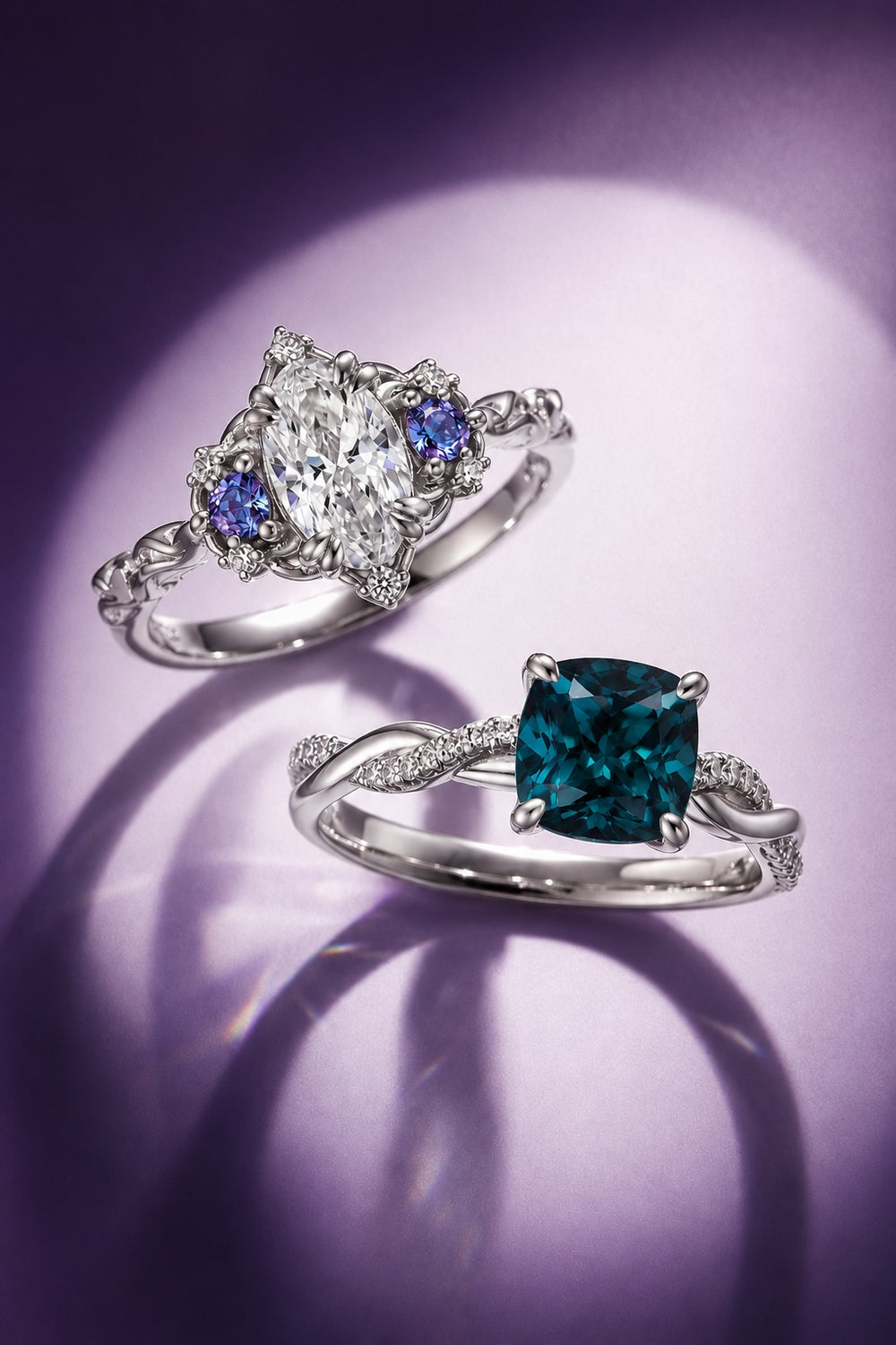 Moissanite and sapphire engagement rings