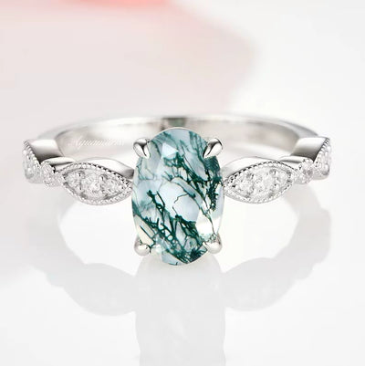 Kylie Natural Green Moss Agate Ring- Sterling Silver Aquatic Agate Engagement Rings For Women